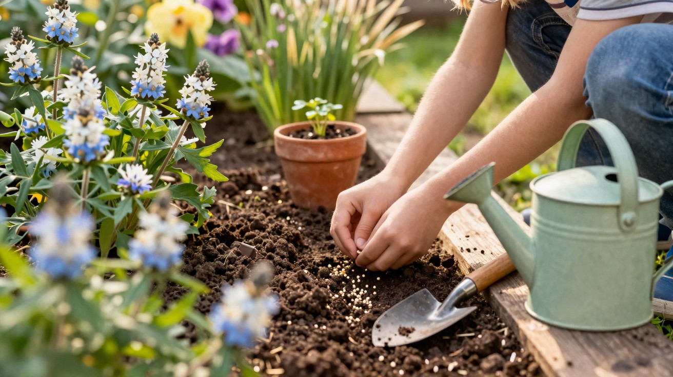 Pessoa plantando sementes em canteiro de terra com regador, pá de jardinagem e flores ao redor.