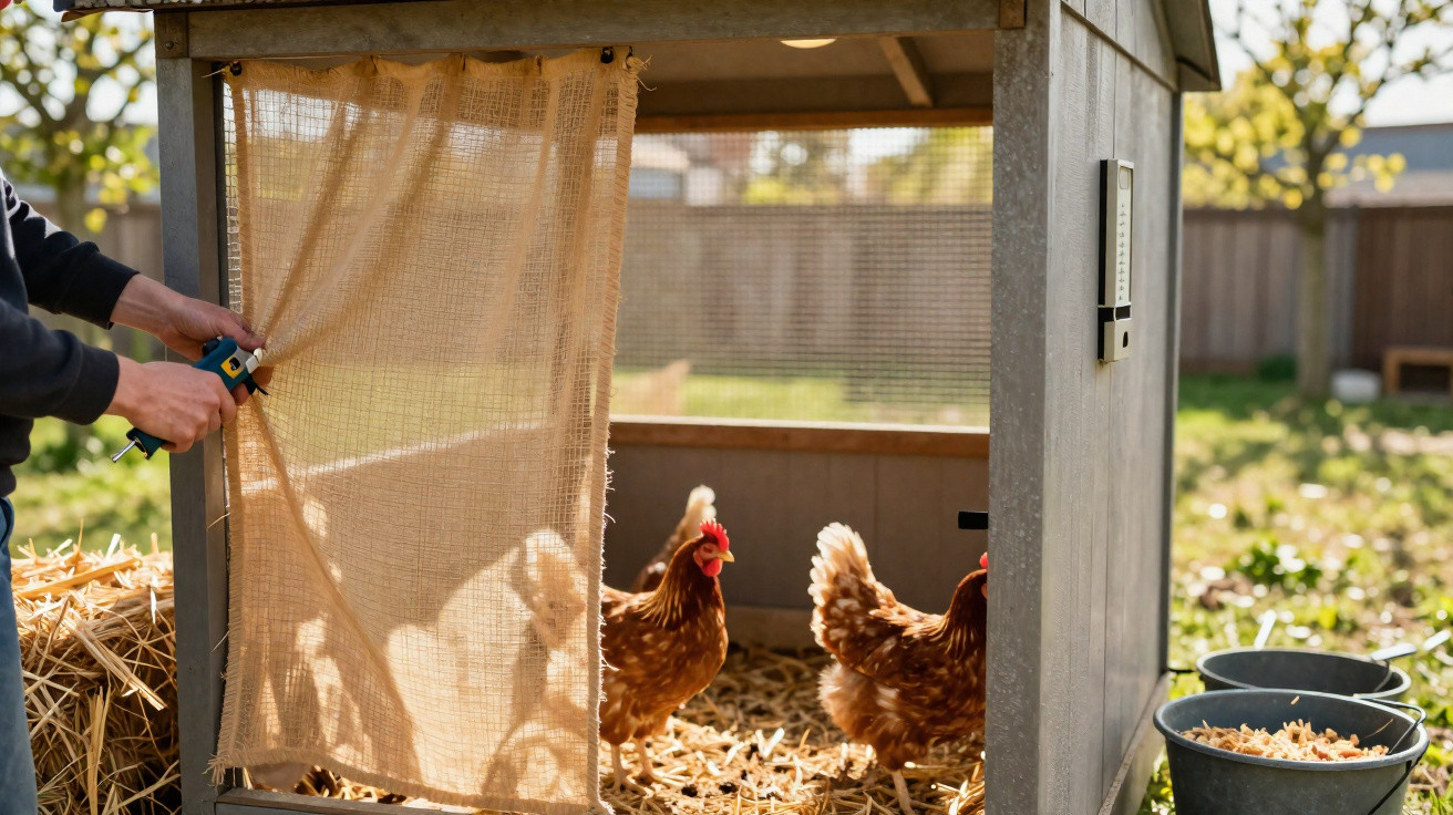 Pessoa abrindo uma porta de tecido em galinheiro com duas galinhas marrons dentro em ambiente externo.