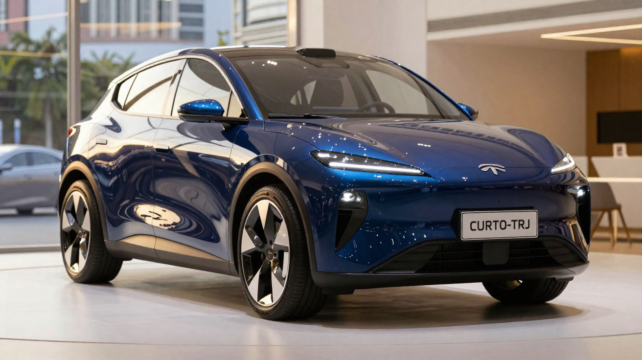 Carro elétrico azul exposto em showroom moderno com iluminação refletida na lataria.