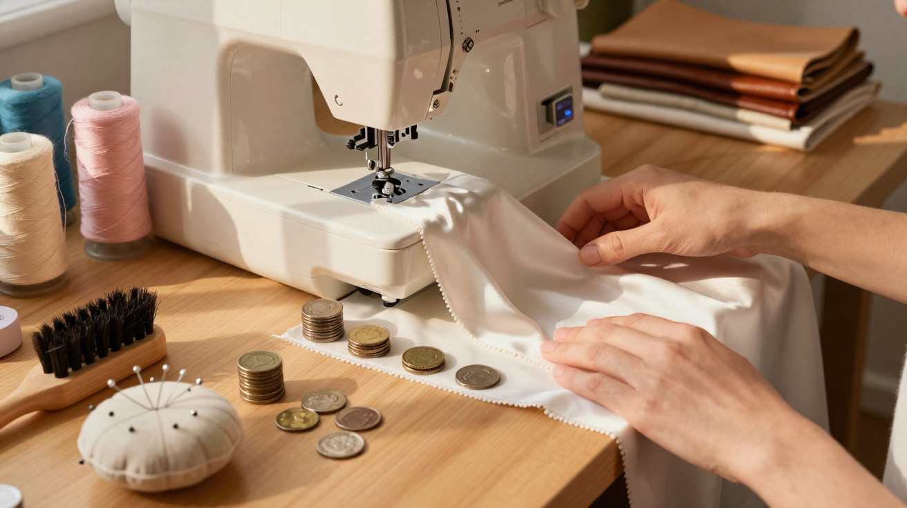 Mãos segurando tecido branco próximo a máquina de costura com moedas, linhas e alfineteiro em mesa de madeira.