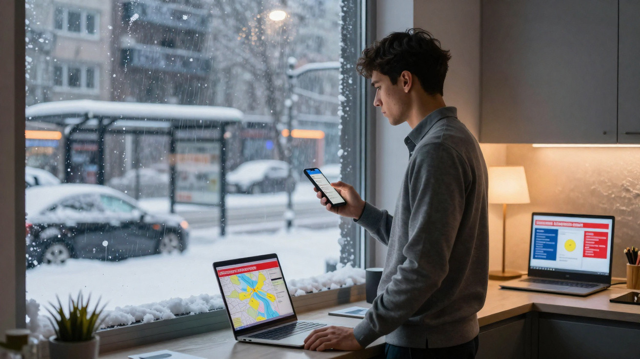 Jovem de pé em ambiente interno usando celular e laptop, com janela mostrando neve e carros na rua.