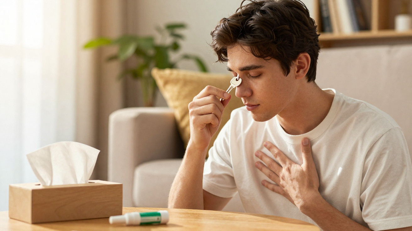 Jovem com expressão de desconforto usando inalador nasal sentado em mesa com caixa de lenços e remédio.