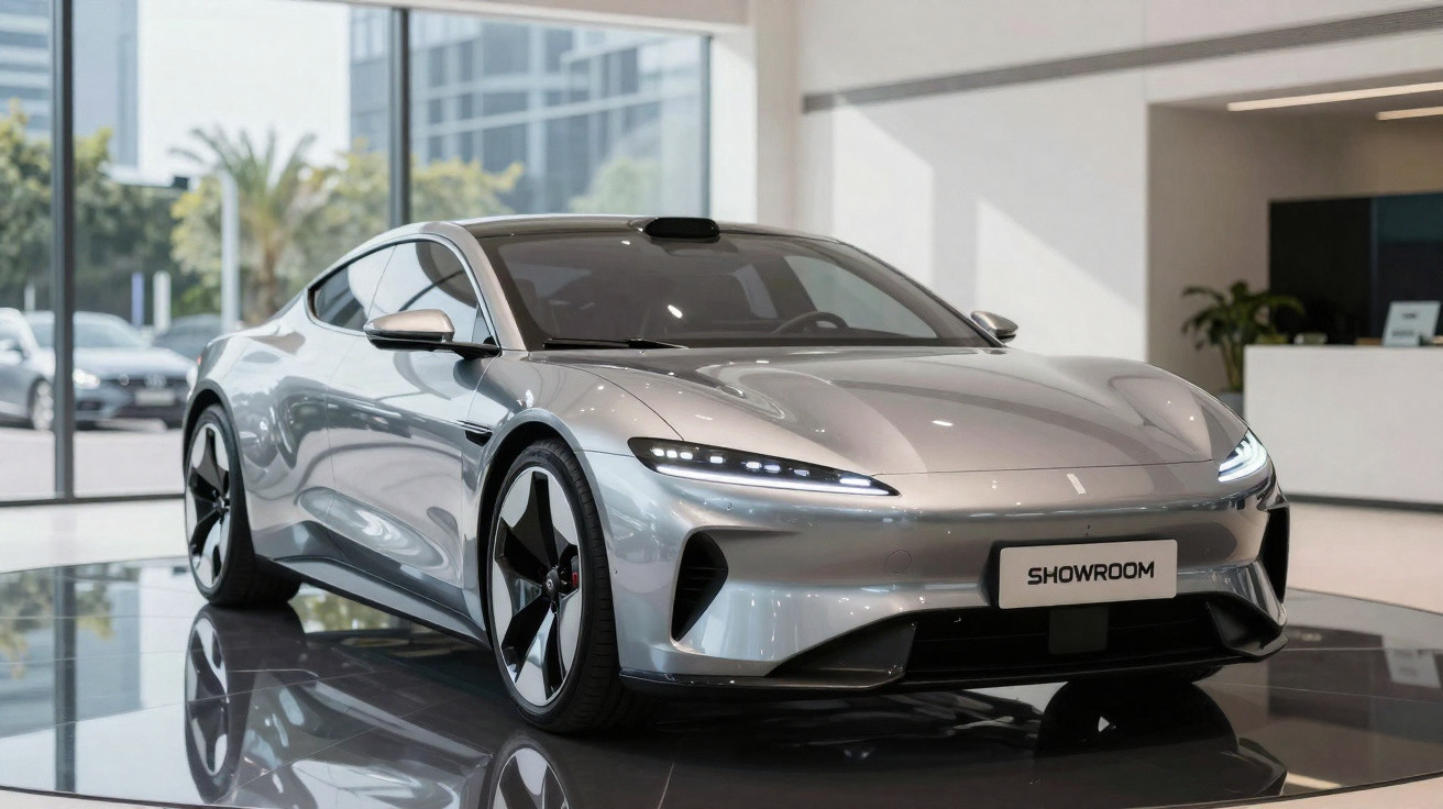Carro esportivo elétrico prata exibido em showroom moderno com iluminação natural e piso refletivo.