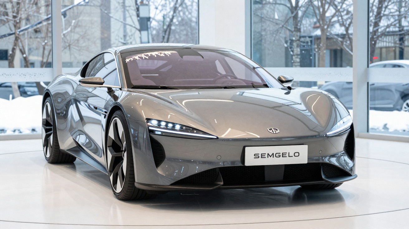 Carro esportivo cinza moderno em exposição interna com design aerodinâmico e faróis LED.