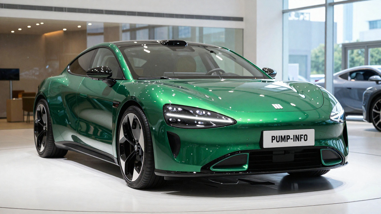 Carro esportivo elétrico verde metálico exibido em showroom moderno com iluminação natural.