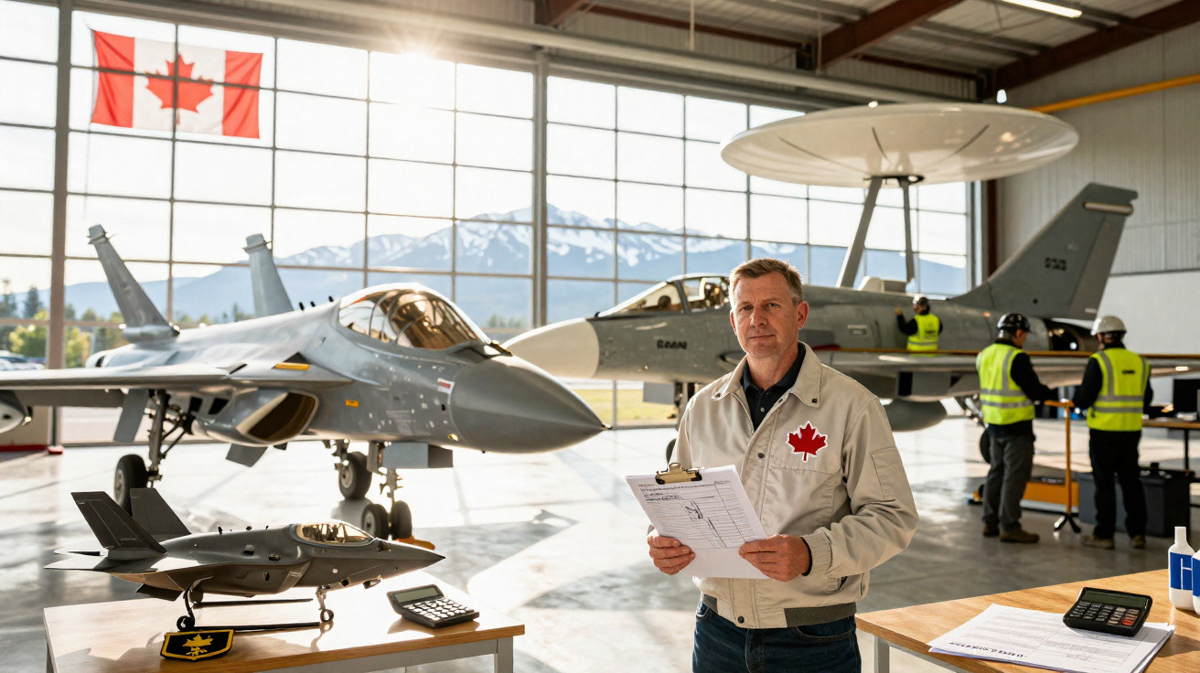 Homem com jaleco branco e folha em hangar de aviões militares com bandeira do Canadá ao fundo.