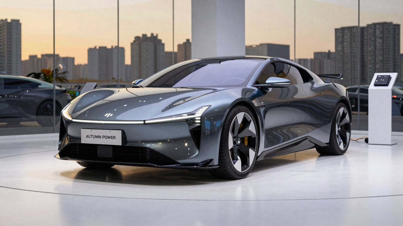 Carro elétrico esportivo cinza exibe design futurista em showroom com vidro refletindo prédios ao fundo.