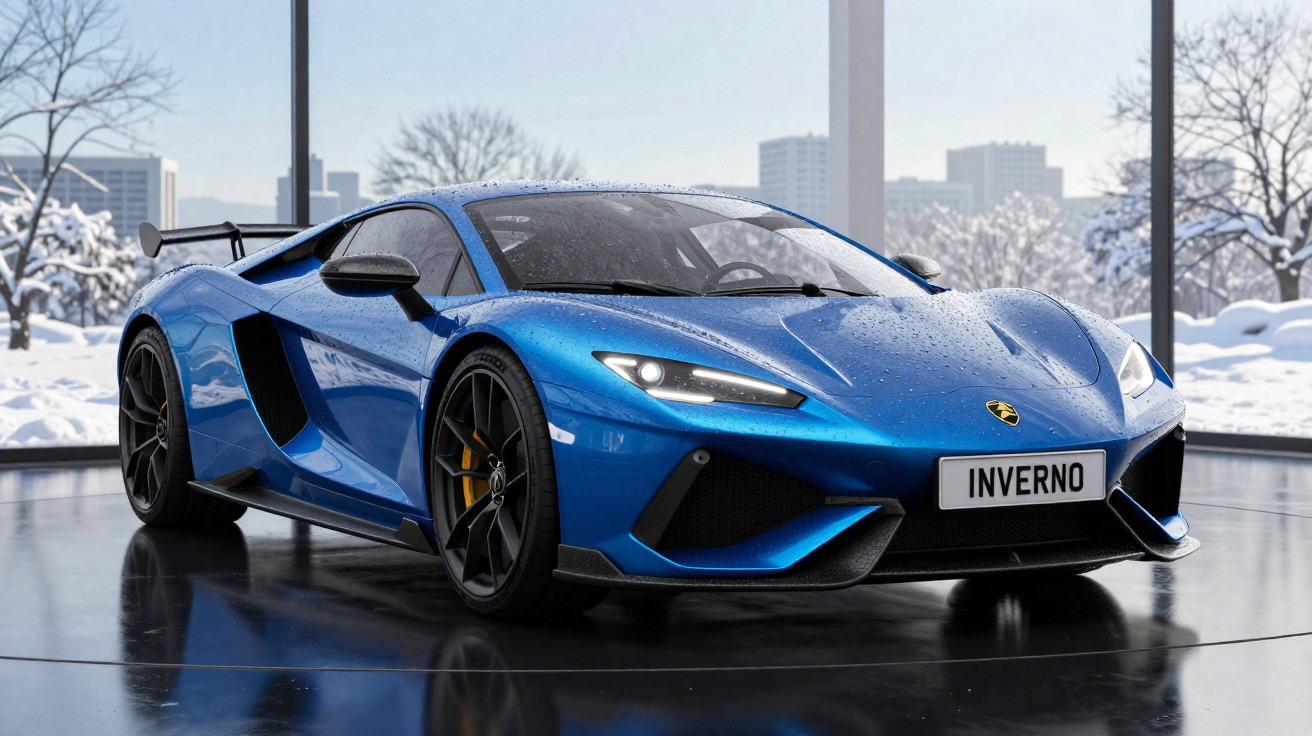 Carro esportivo azul com aerofólio em ambiente interno com janelas mostrando neve e árvores no exterior.