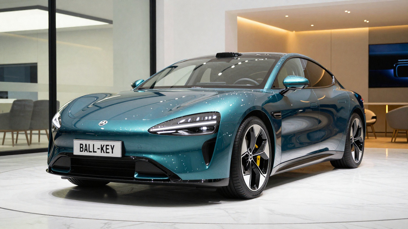 Carro esportivo elétrico azul metálico estacionado em ambiente interno moderno e iluminado.