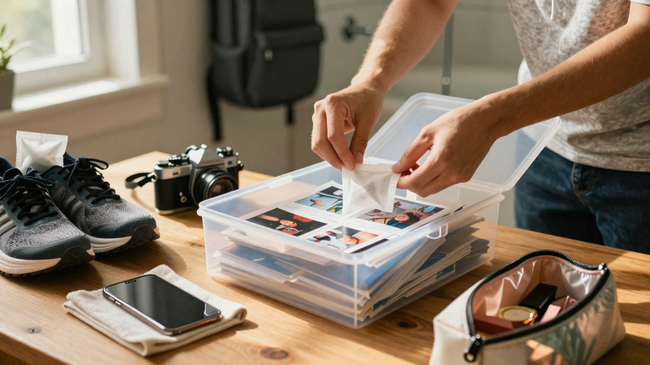 Pessoa organizando fotos em caixa plástica transparente sobre mesa com tênis, câmera, celular e necessaire.