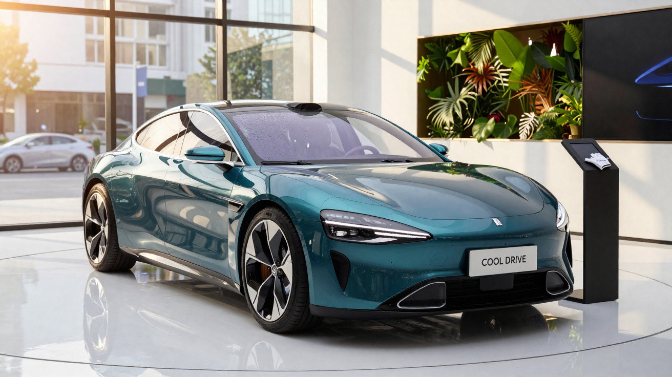 Carro esportivo elétrico azul em exibição em ambiente interno moderno e iluminado.