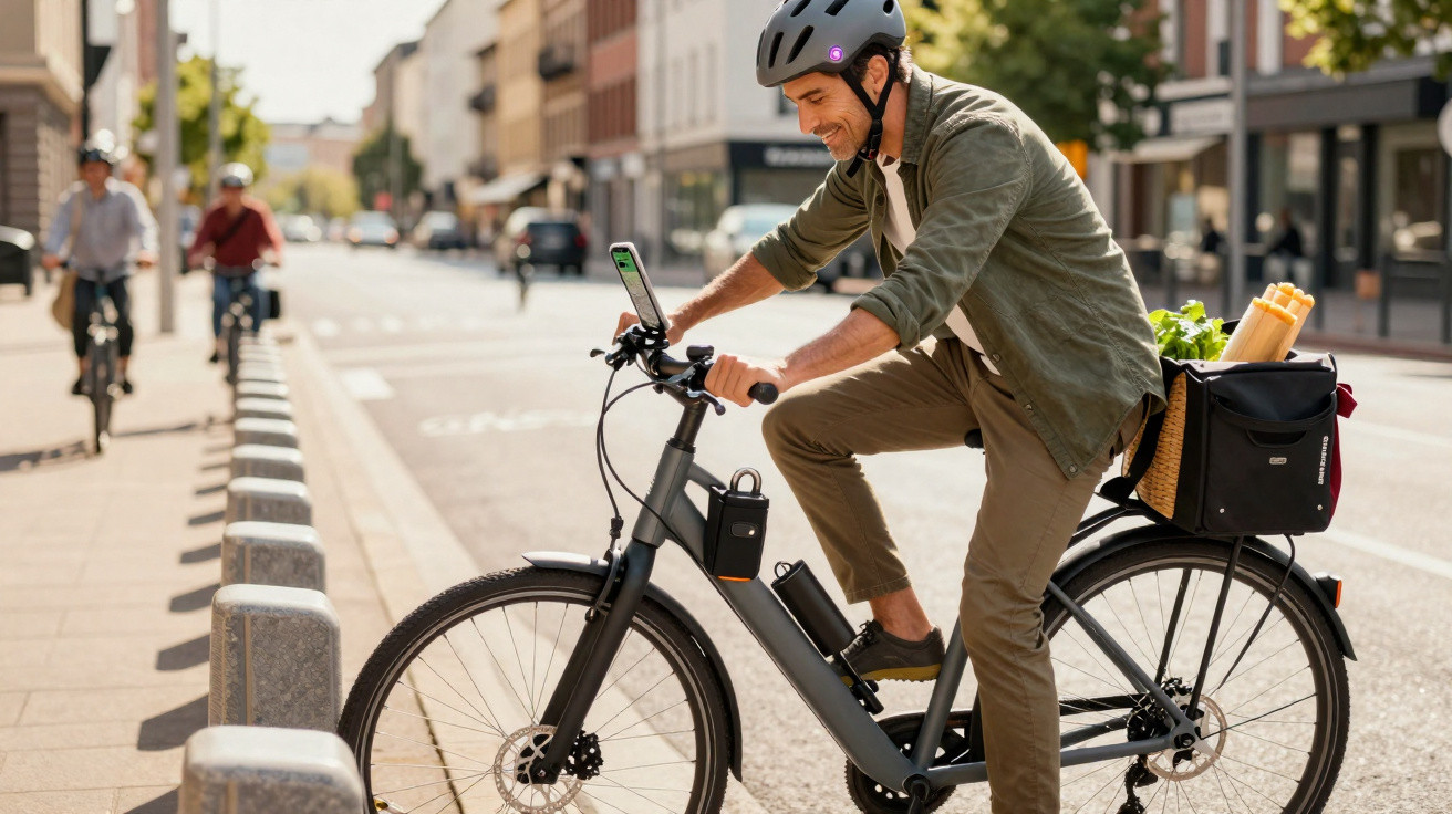 Homem sorridente andando de bicicleta elétrica com capacete e cesta urbana em rua da cidade.
