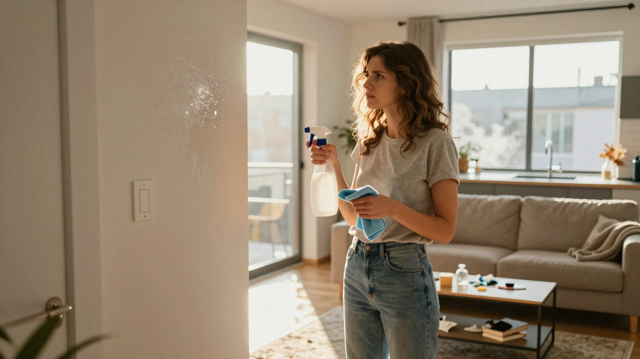 Mulher com camiseta cinza e jeans limpando parede com borrifador e pano na sala iluminada.