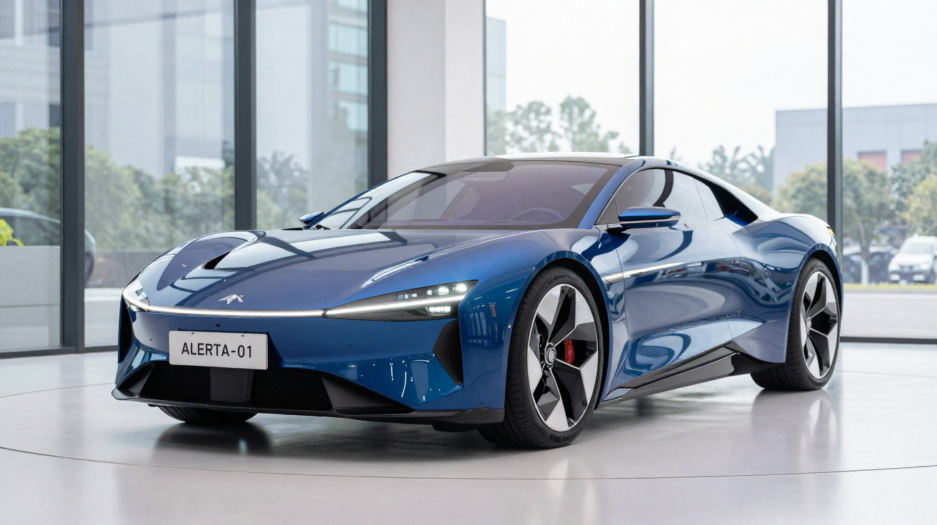 Carro esportivo elétrico azul com design moderno exibido em ambiente interno com janelas grandes.