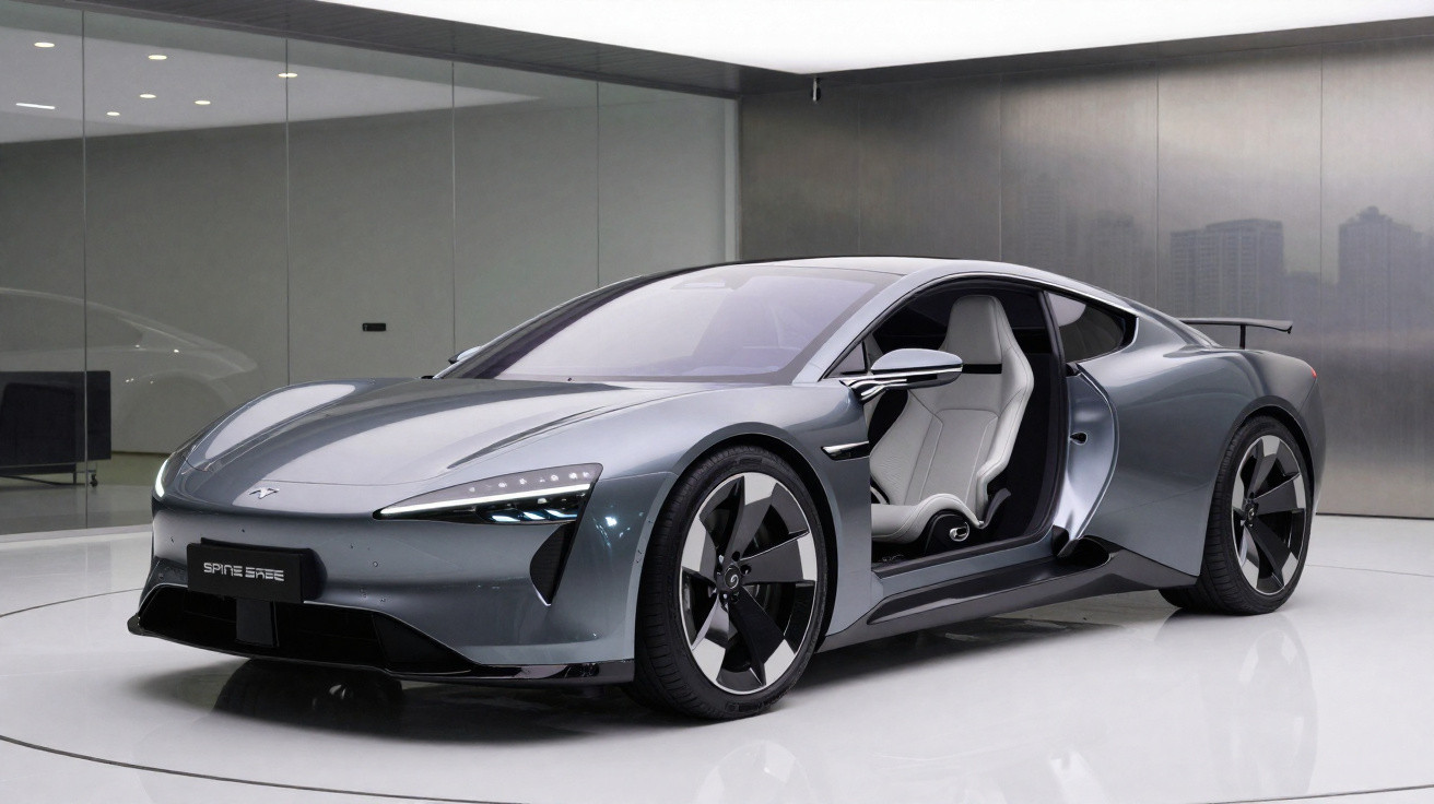 Carro esportivo elétrico cinza com design futurista, portas estilo tesoura abertas em ambiente moderno e minimalista.