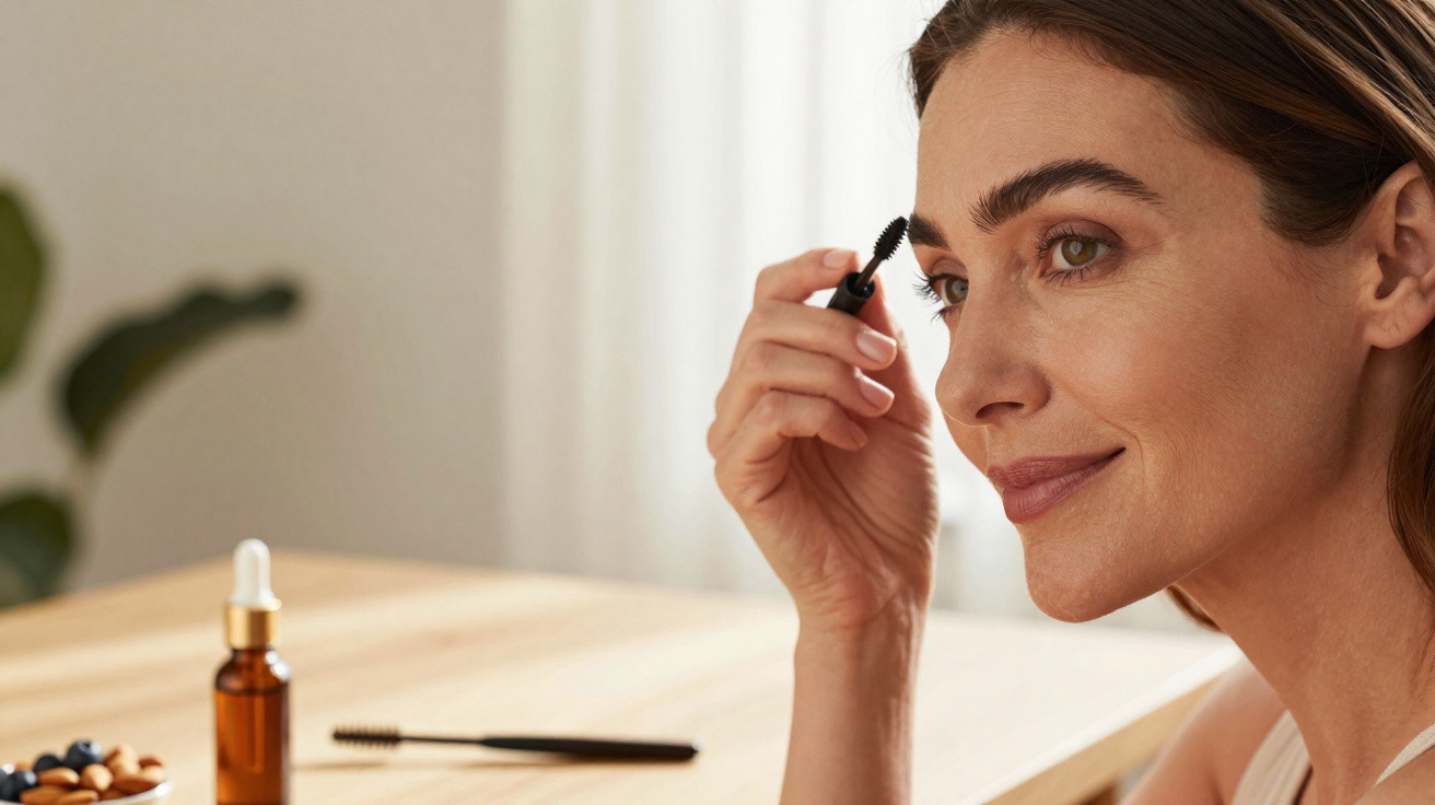 Mulher aplicando máscara de cílios sentada em mesa clara com produtos de beleza ao fundo.