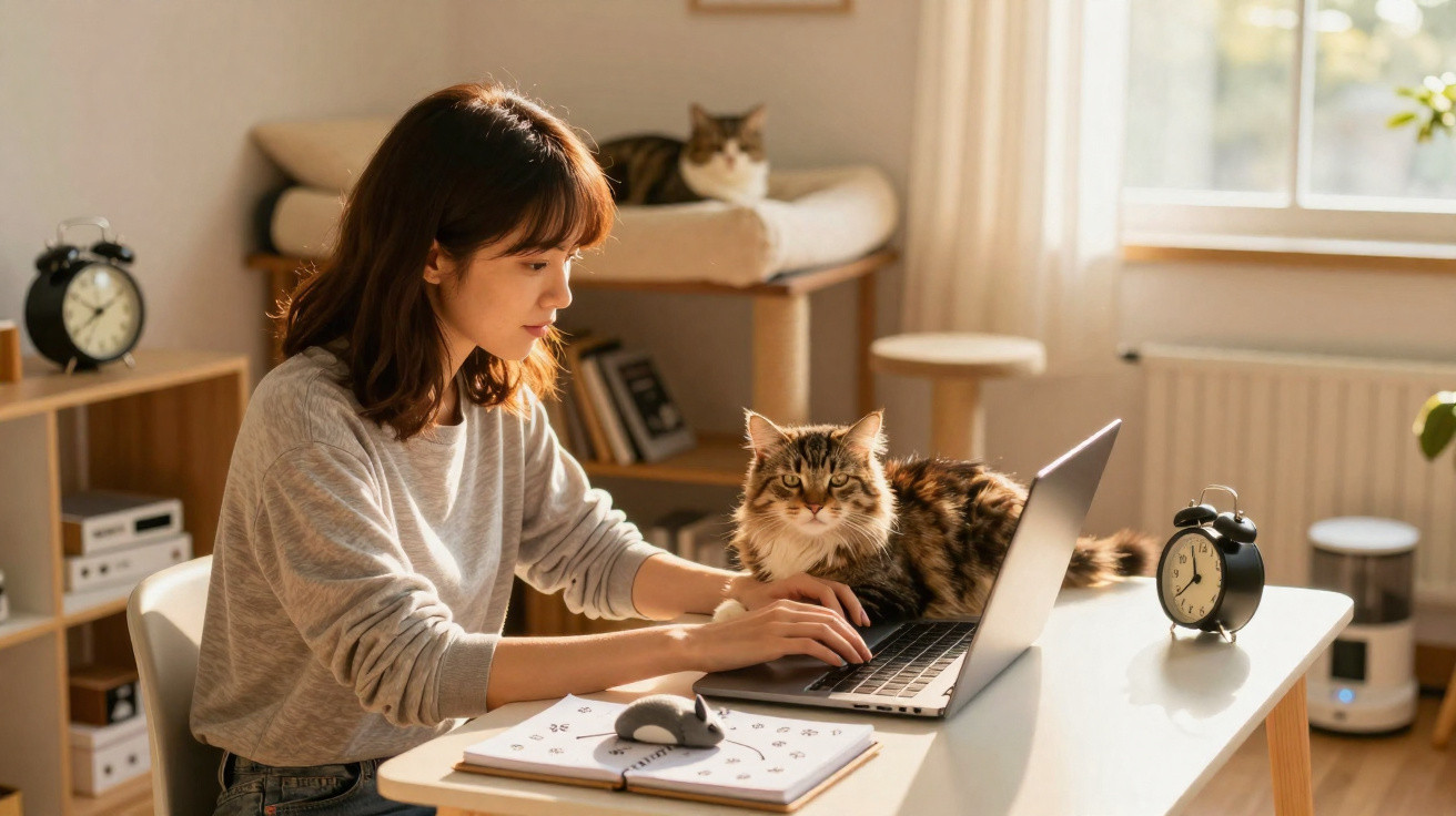 Mulher trabalhando no notebook com gato ao lado na mesa em ambiente iluminado e aconchegante.
