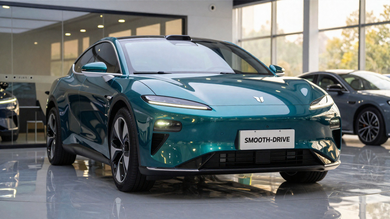 Carro elétrico verde metálico modelo Smooth-Drive em showroom moderno com piso refletivo e iluminação natural.