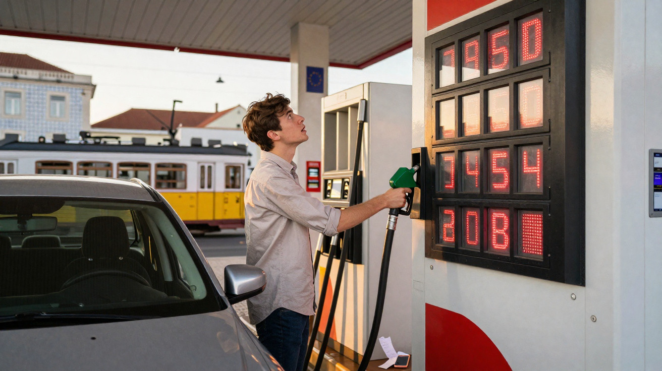 Homem abastecendo carro em posto de gasolina com preços de combustível exibidos em painéis digitais vermelhos.