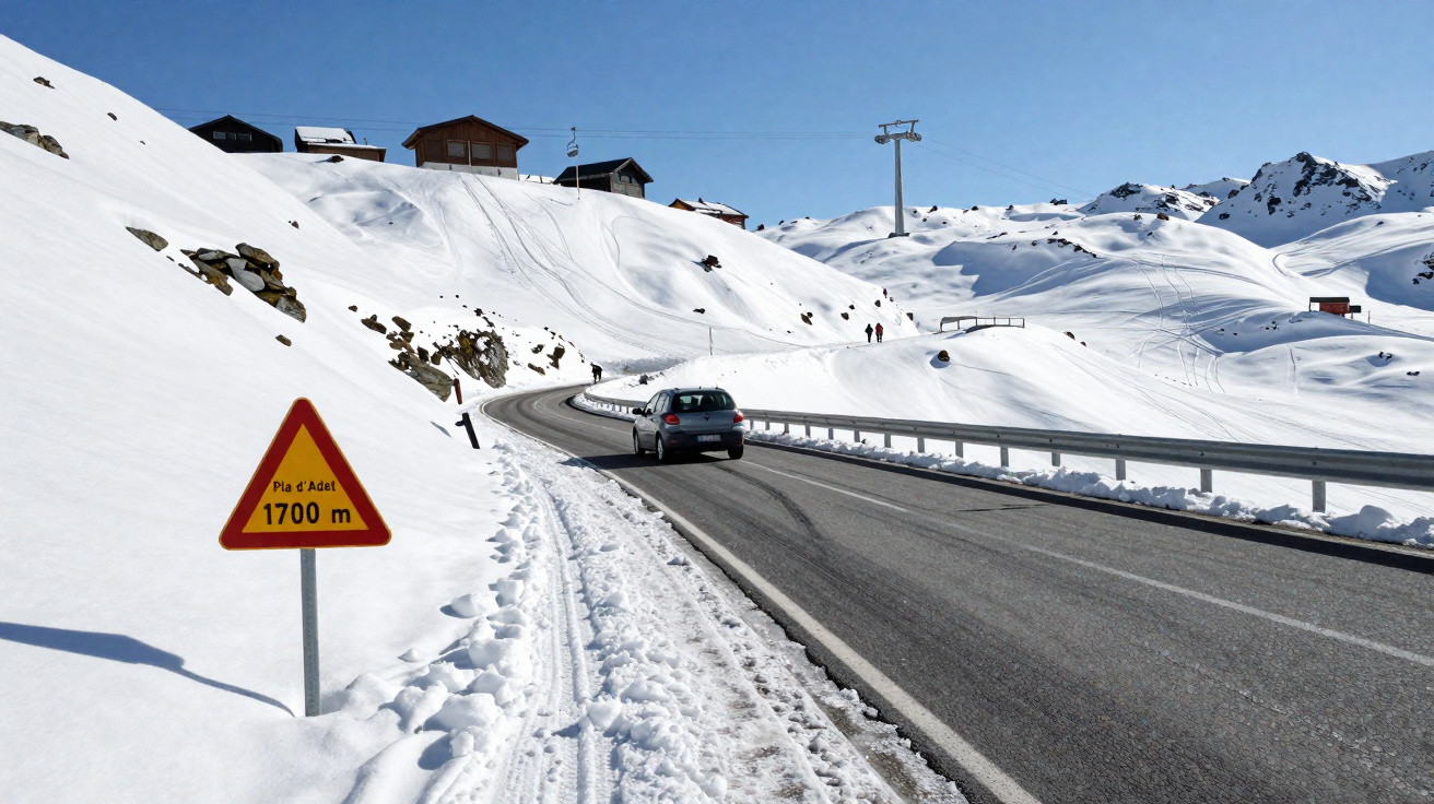Carro dirige em estrada asfaltada cercada por neve e montanhas, com casas ao fundo e placa de altitude.