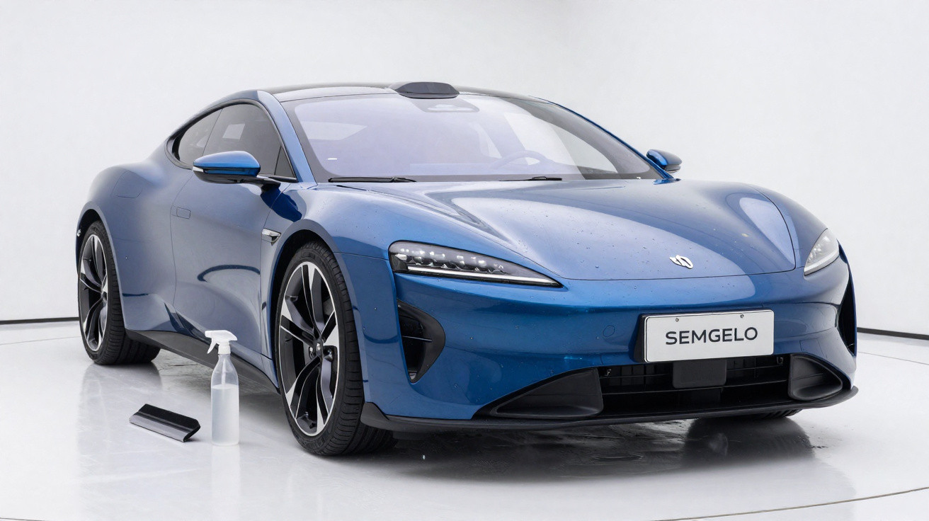 Carro esportivo azul metálico elétrico estacionado em ambiente branco, com produto de limpeza ao lado.