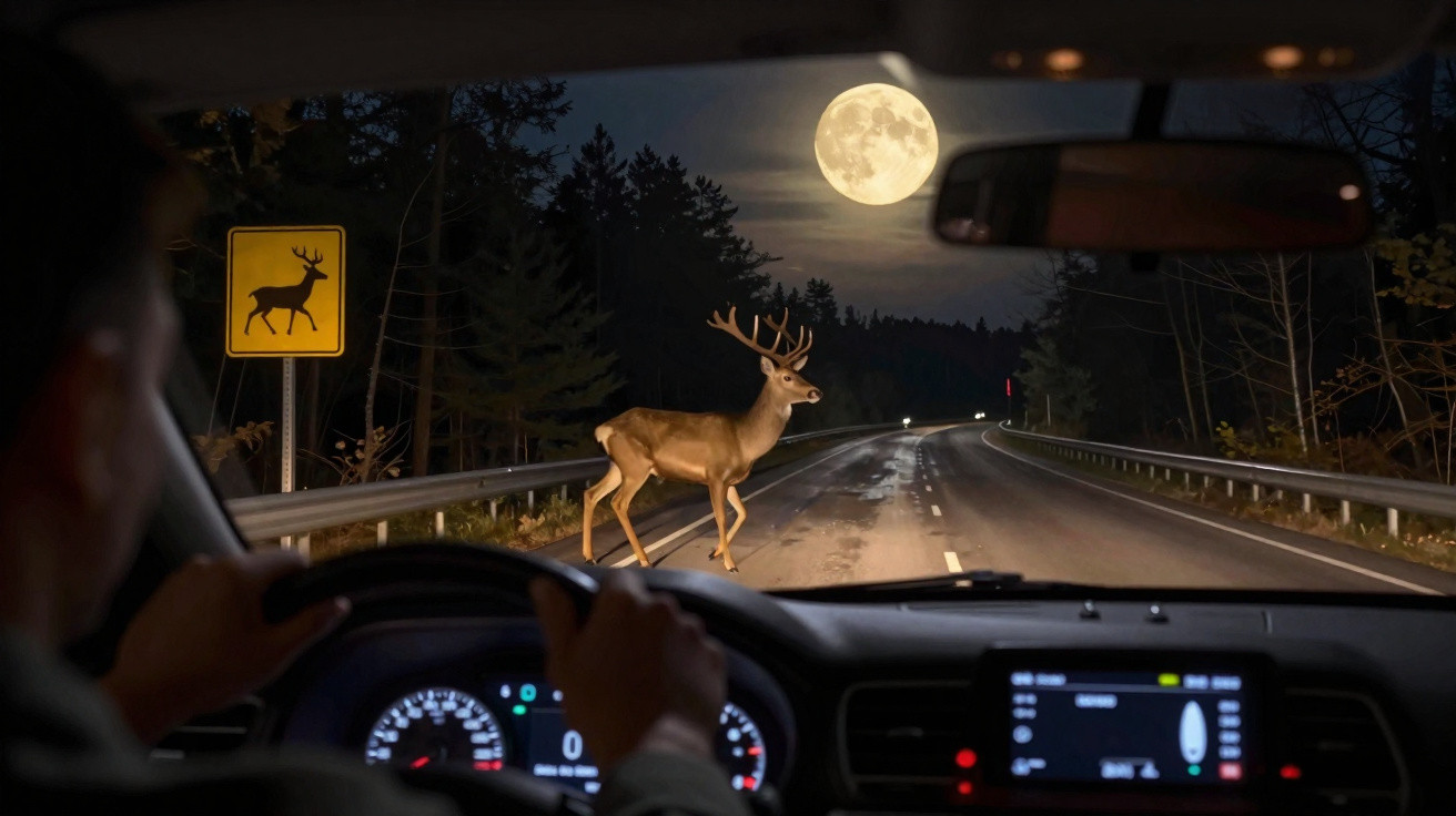 Motorista observa veado atravessando estrada à noite com lua cheia e placa de alerta de animais silvestres.