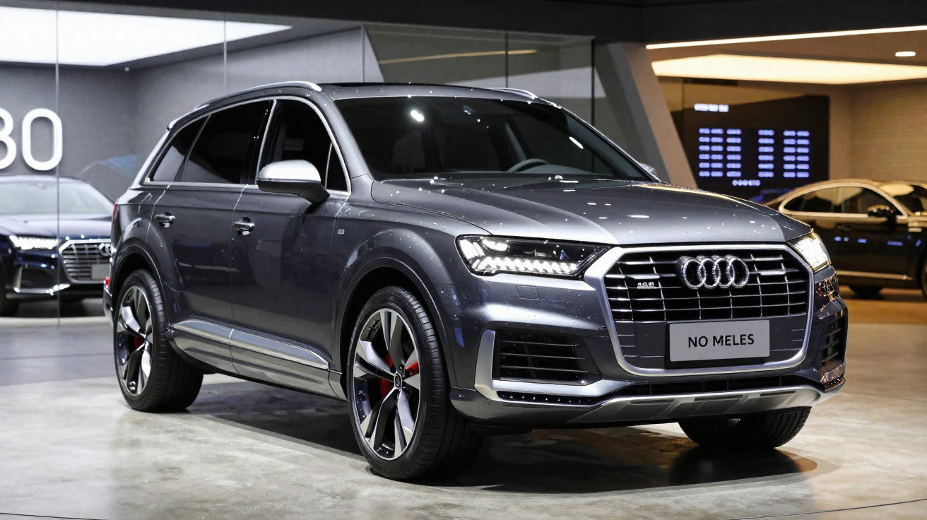 SUV Audi Q7 cinza escuro estacionado em showroom moderno com iluminação interna.
