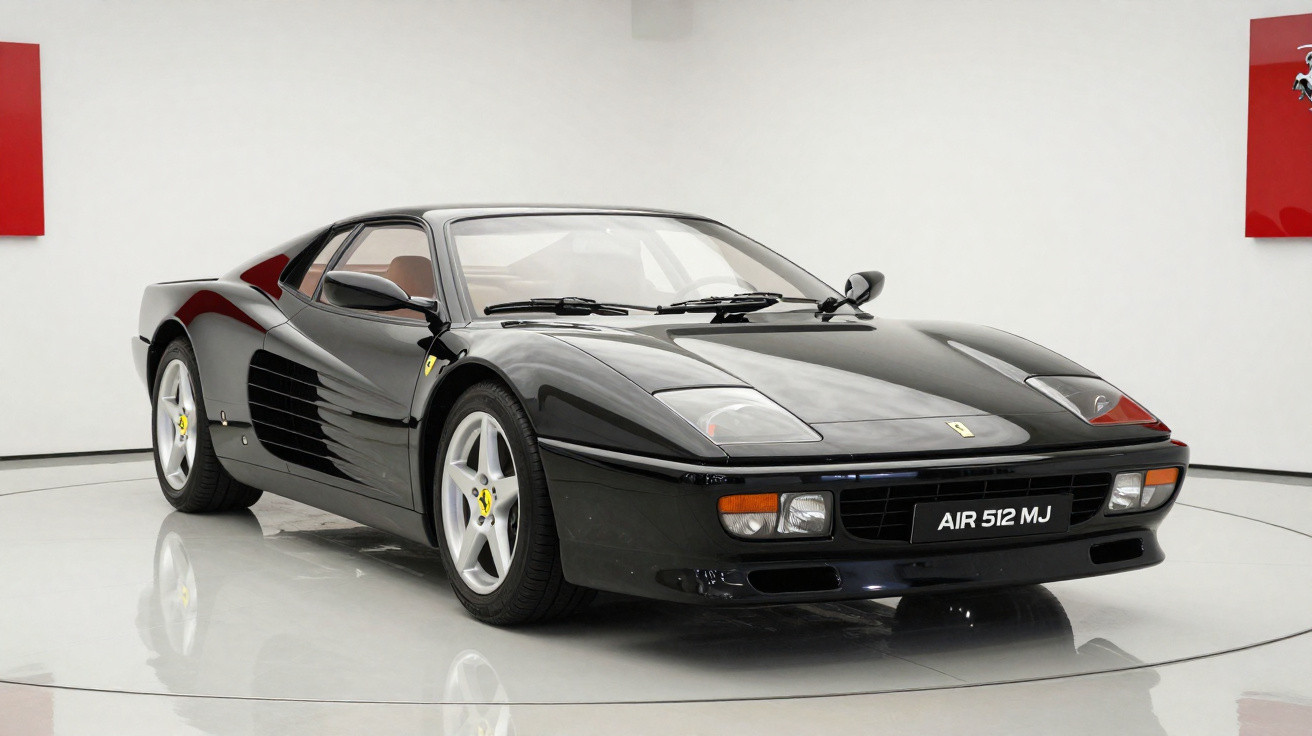 Carro esportivo preto Ferrari 512 no salão com piso branco e detalhes vermelhos nas paredes.