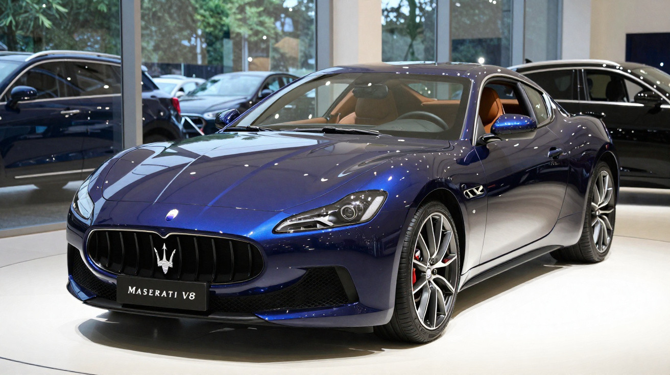 Carro esportivo azul Maserati V8 em exposição dentro de showroom com iluminação natural.