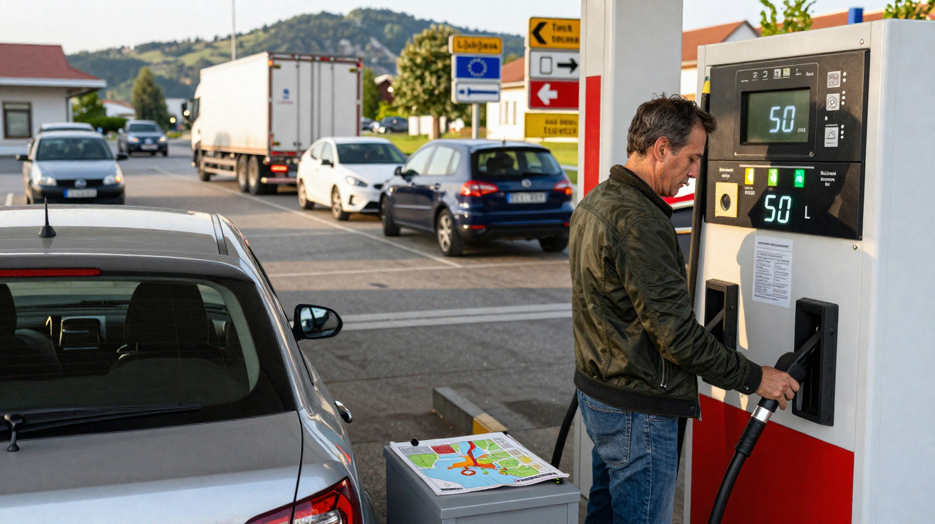 Homem abastecendo carro em posto de gasolina com fila de veículos ao fundo em área rural.