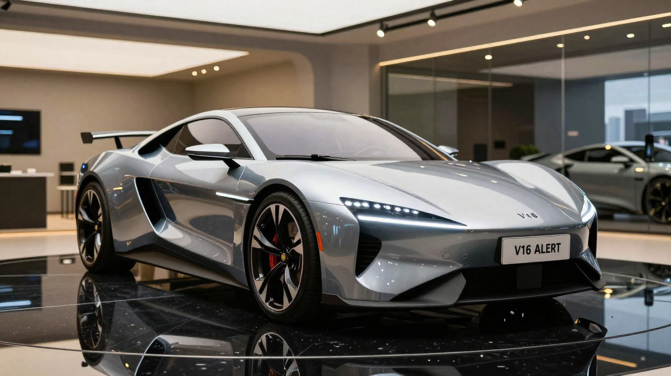 Carro esportivo cinza prata com design futurista exposto em salão moderno com piso preto espelhado.
