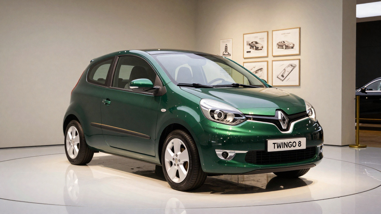 Carro verde Renault Twingo 8 exposto em ambiente interno com piso branco e quadros na parede.