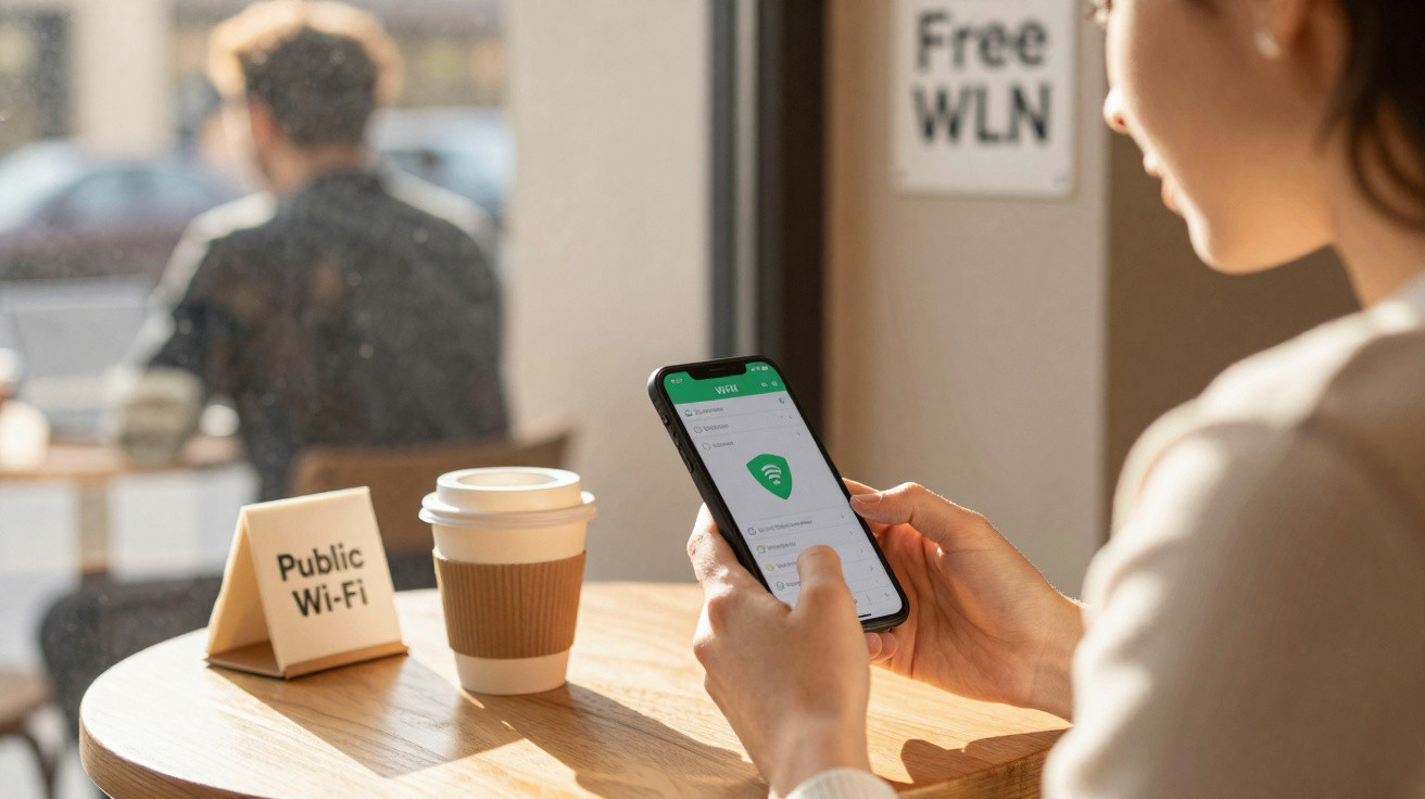 Pessoa usando celular em cafeteria com sinalização de Wi-Fi público e café sobre a mesa.