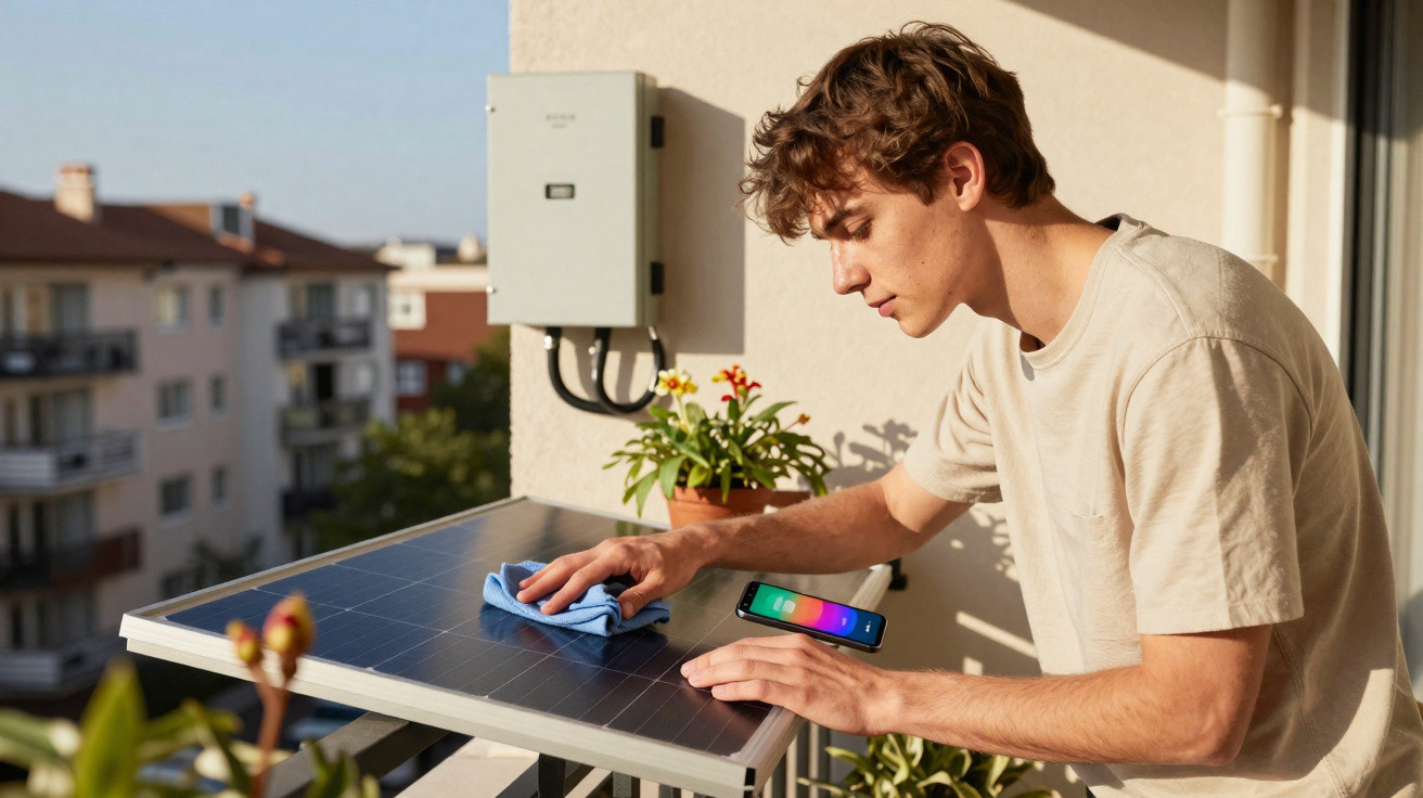 Jovem limpa painel solar em varanda, com celular apoiado e prédios ao fundo em dia ensolarado.