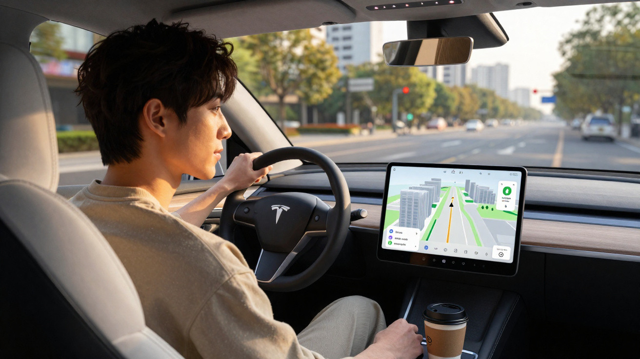 Homem dirigindo Tesla com navegação digital em tela touchscreen em estrada urbana durante o dia.