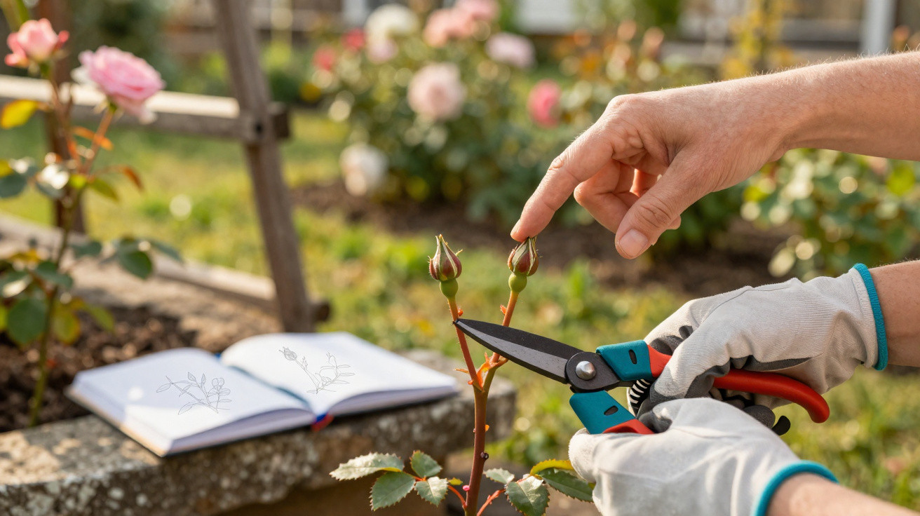 Pessoa podando botões de rosa com tesoura de jardinagem em jardim ensolarado com caderno aberto ao fundo.