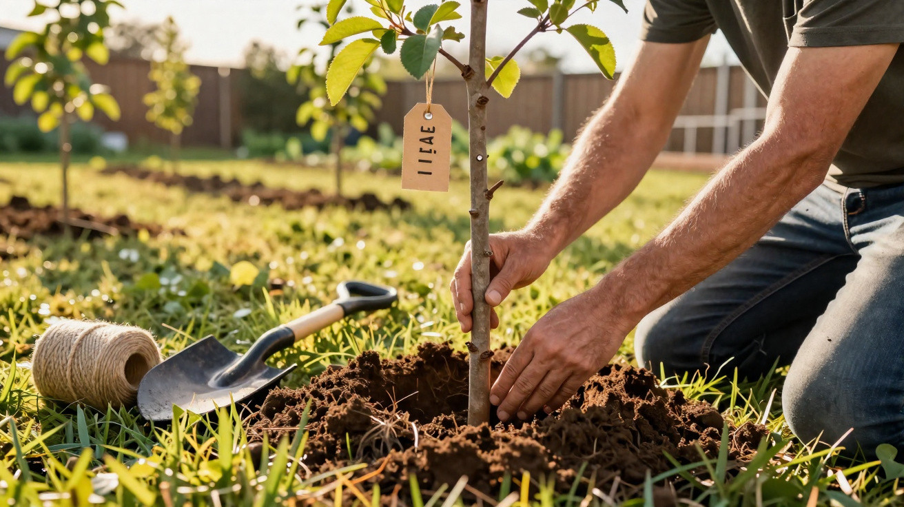 Pessoa plantando muda de árvore em solo gramado com pá e rolo de corda ao lado, em área externa.