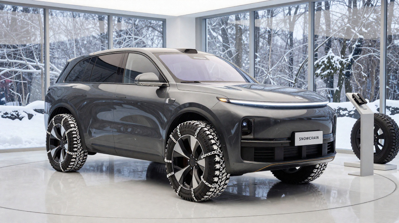Carro SUV cinza escuro com correntes de neve nos pneus, exibido em ambiente interno com neve visível do lado de fora.