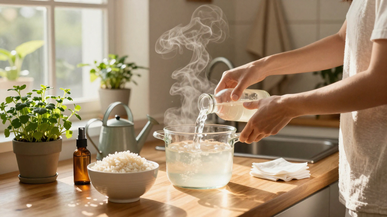 Pessoa despejando líquido em panela de vidro com vapor em cozinha com plantas e arroz branco.