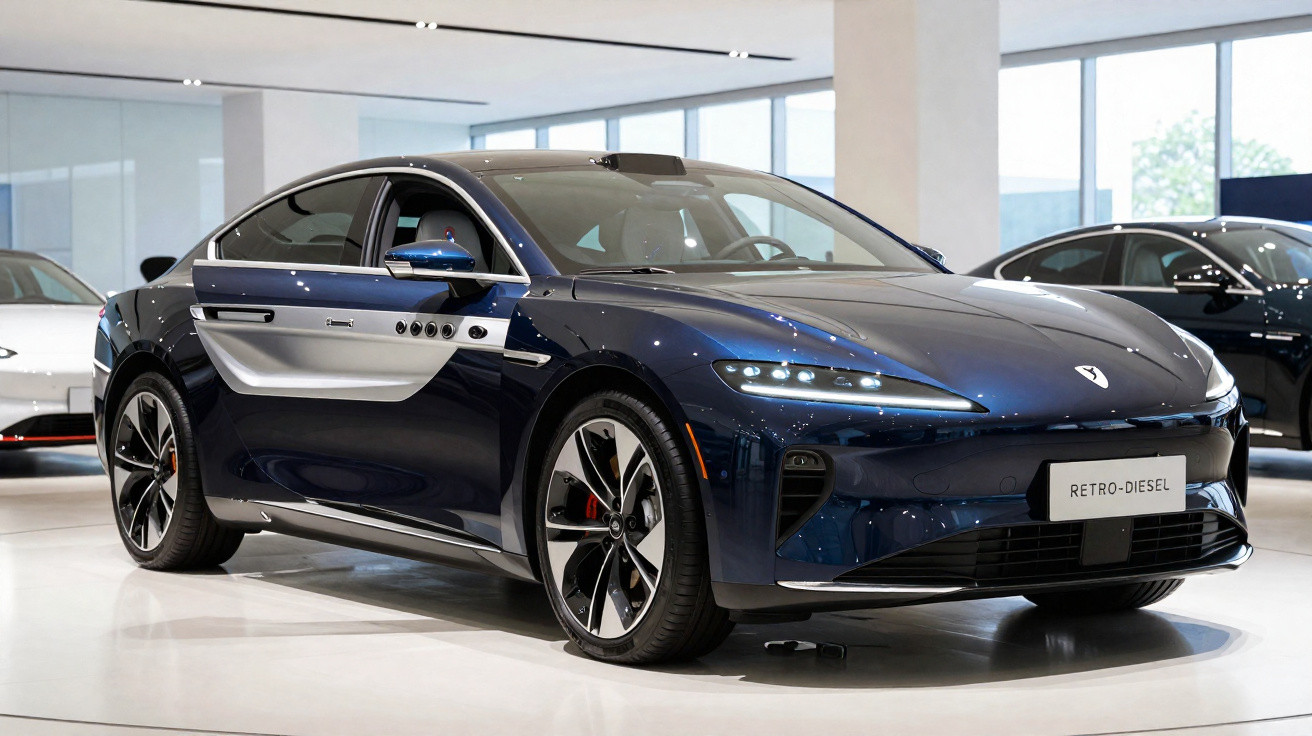 Carro esportivo elétrico azul com detalhes prateados, exibido em showroom moderno e iluminado.