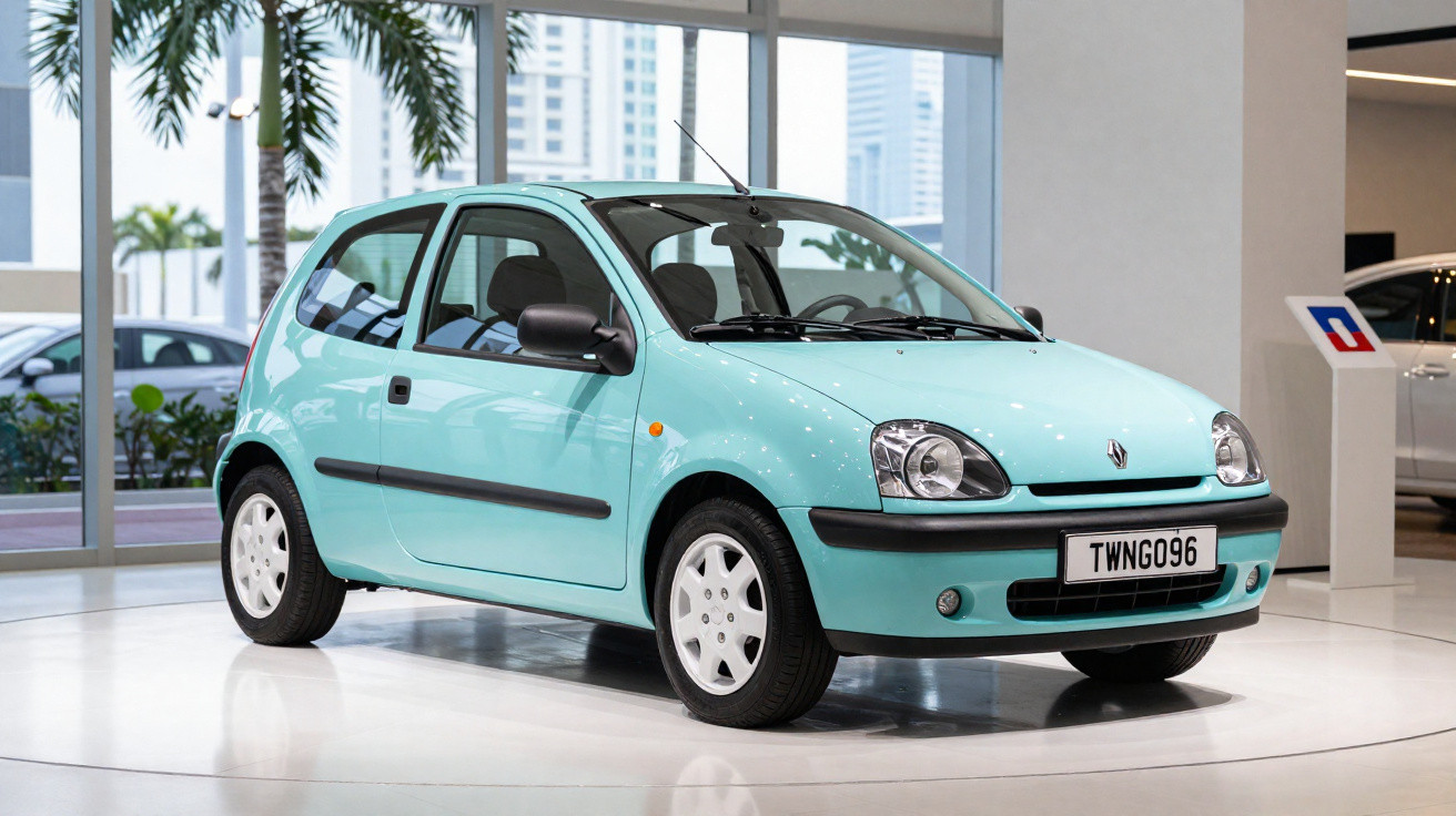 Carro hatch compacto azul claro modelo Renault Twingo exposto em showroom moderno e iluminado.