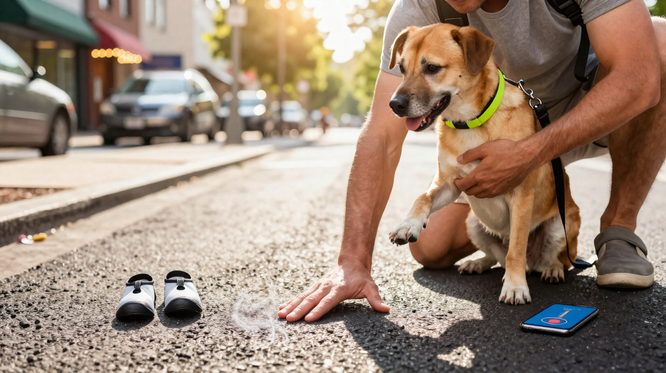 Pessoa agachada com cachorro na coleira oferecendo ajuda a um passarinho caído na rua.