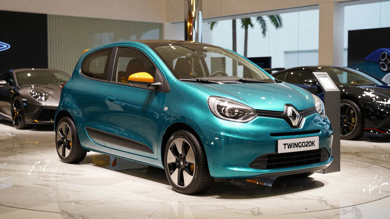Carro compacto Renault Twingo azul com retrovisor amarelo exposto em salão de automóveis.