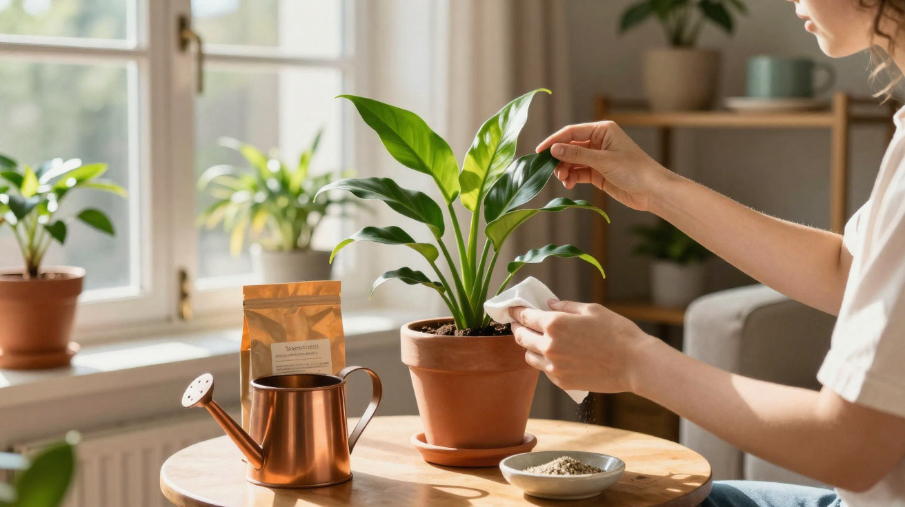 Pessoa cuidando de planta em vaso de barro, com regador e terra sobre mesa redonda perto de janela.