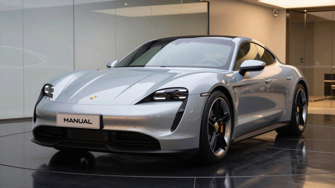 Carro esportivo Porsche Taycan prata exibido em showroom moderno com piso e paredes refletivos.
