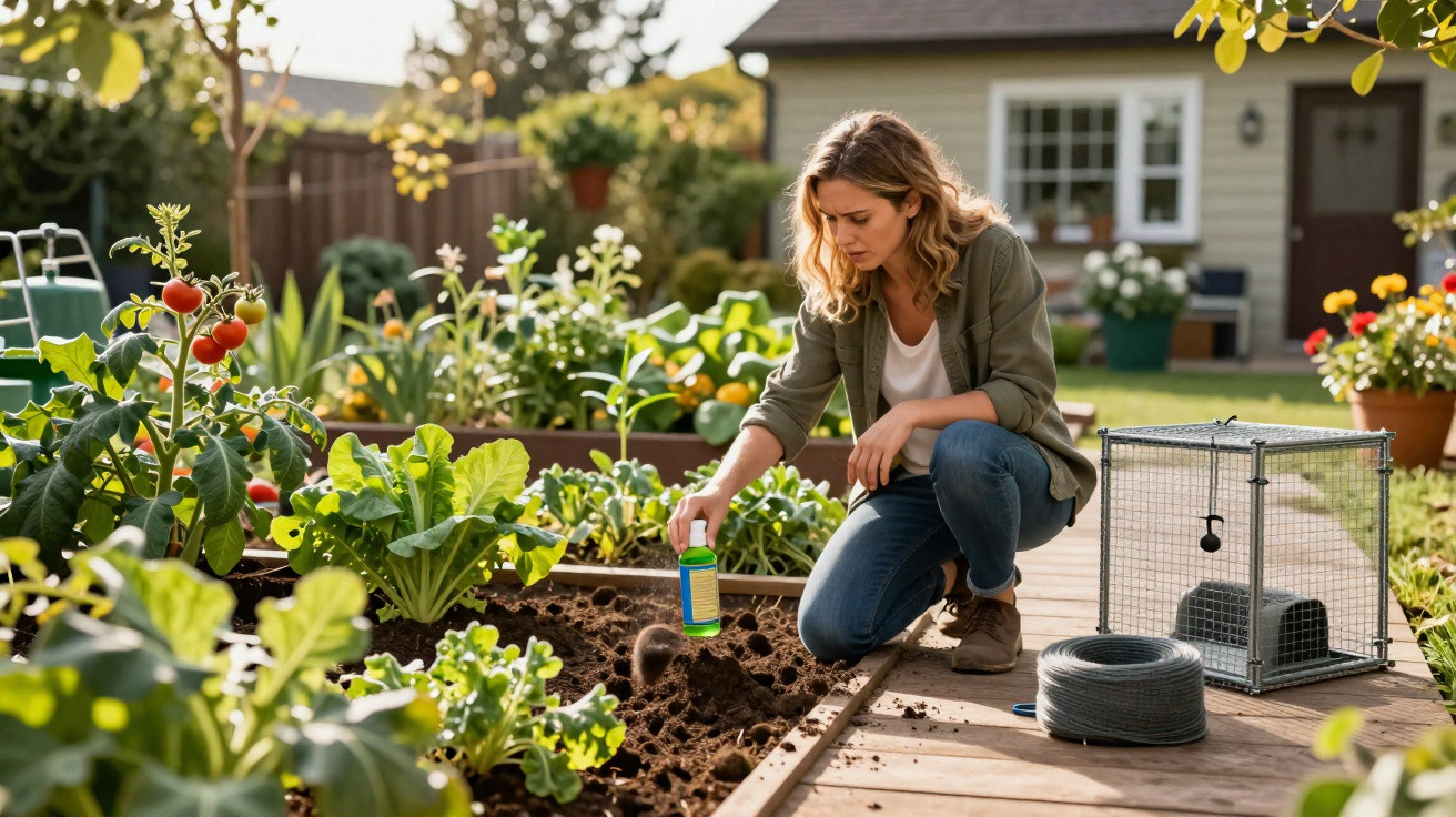 Mulher cuidando do jardim, aplicando produto no solo perto de plantas e tomates maduros.