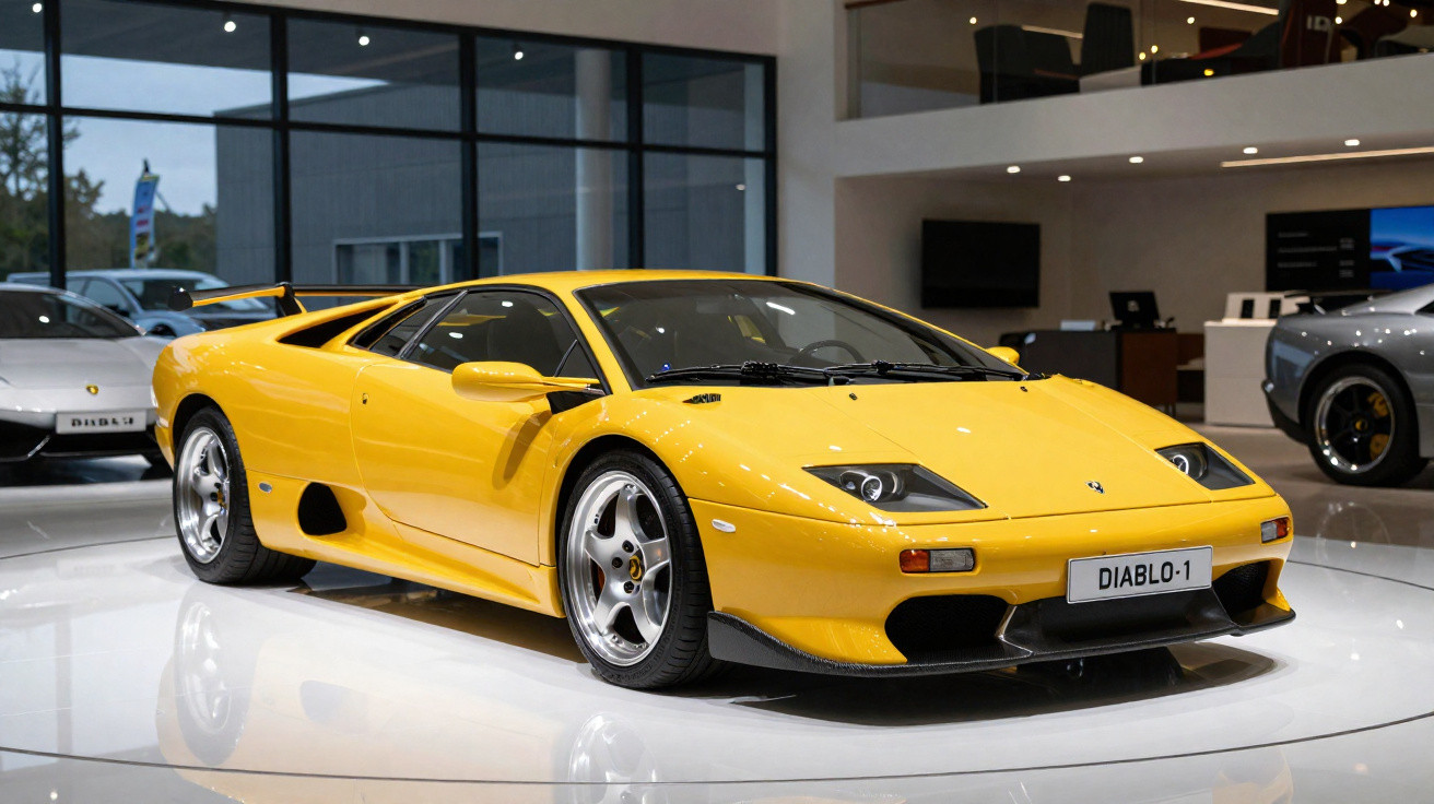 Carro esportivo Lamborghini Diablo amarelo em exposição em ambiente interno com piso branco brilhante.