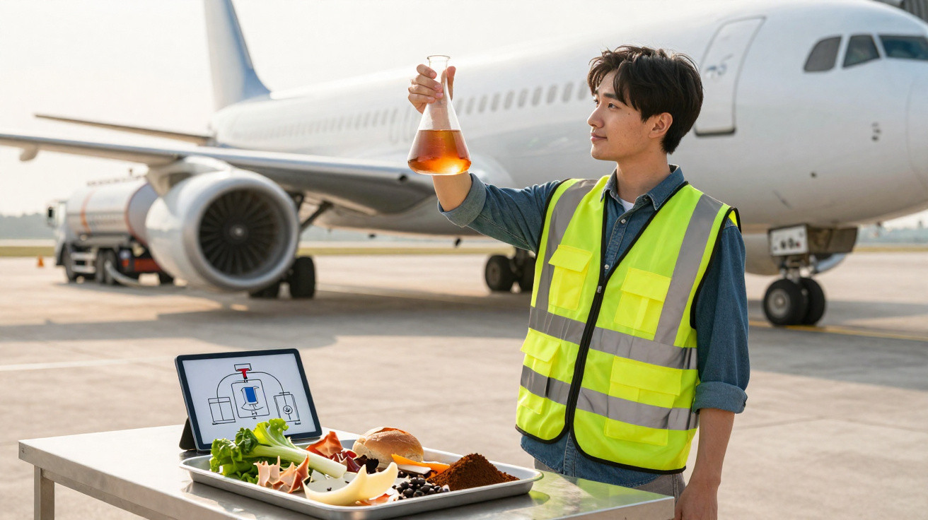 Homem com colete refletivo segura frasco com líquido ao lado de alimentos e avião no aeroporto.