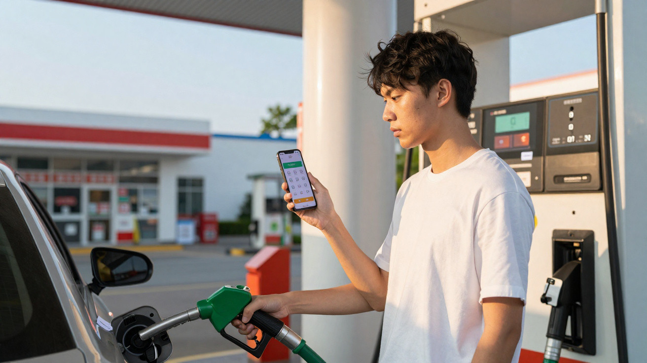 Jovem usando celular enquanto abastece carro com gasolina em posto de combustível.