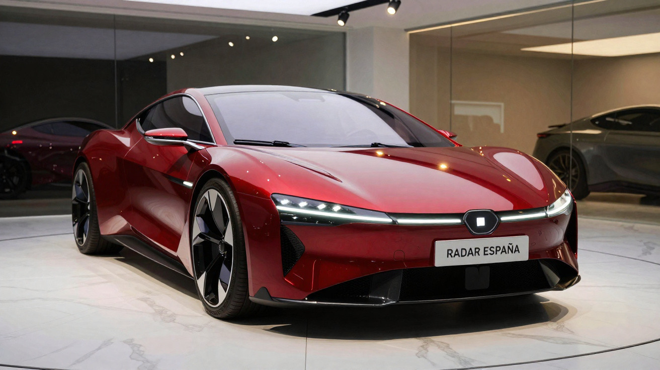 Carro esportivo elétrico vermelho com design futurista exibido em ambiente interno moderno.